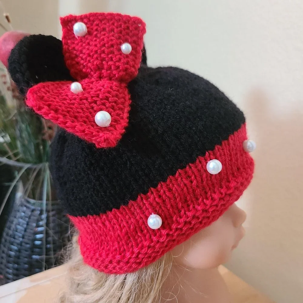 Minnie Mouse inspired Baby Infant Girl Knit Hat Red Black Size 3-6 M Photo Prop